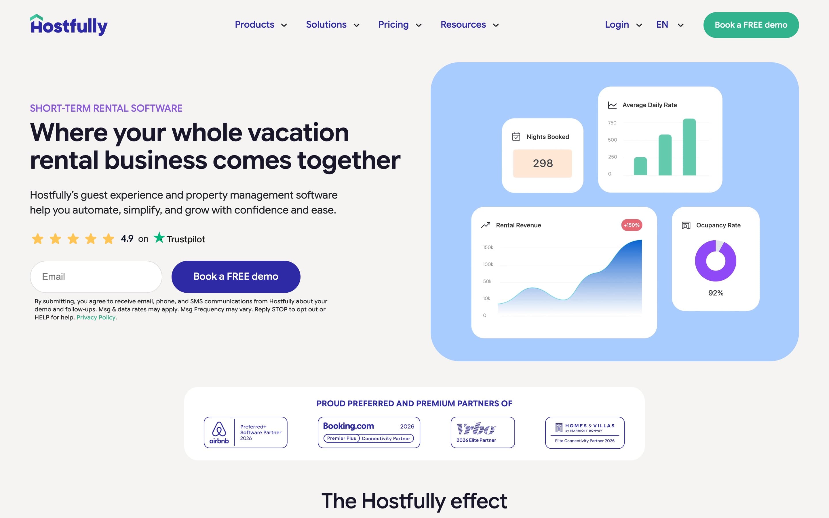 The hostfully.com homepage after Symphony, October 2026